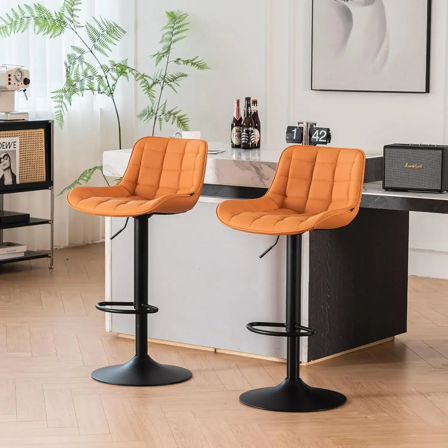 Black Bar Stools Counter Height Adjustable Bar Stool Set of 2 Faux Leather Padded Barstools Swivel Metal High Back Diamond Bar