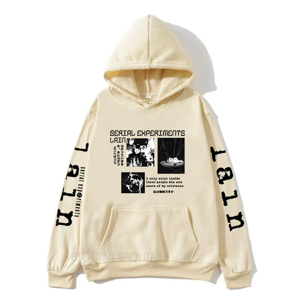 Serial Experiments Lain Hoodies Mens Long Sleeve Sweatshirts Japan Anime Graphic Printed Pullovers Manga Cartoon Gothic Hoodies