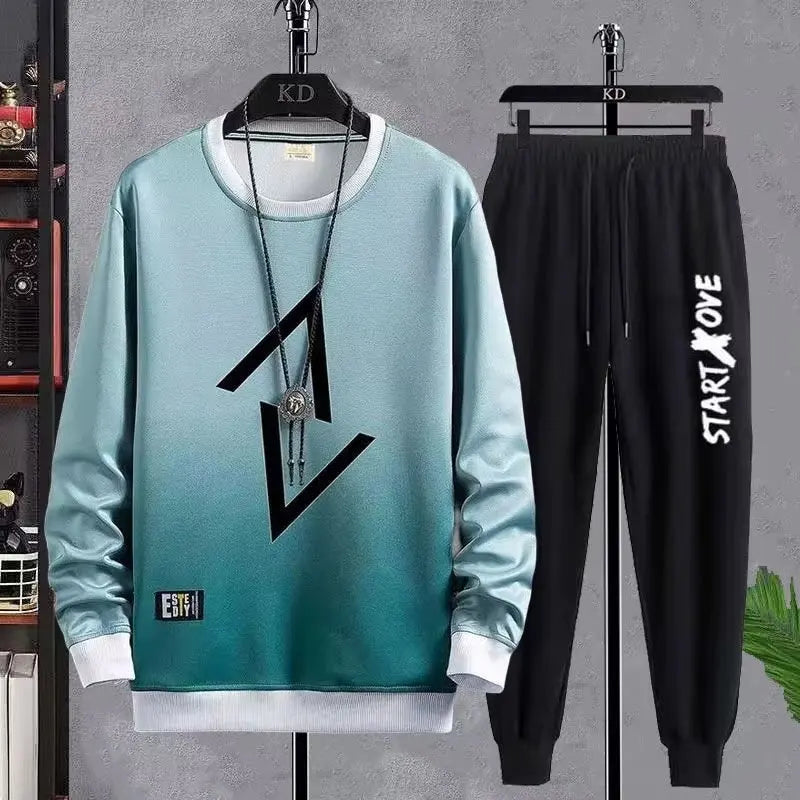 Spring Autumn Men's Sets Hip Hop Long sleeve Print T Shirts+Solid color jogger Casual Pants Fashion 2 for Sets Men Clothing Sets