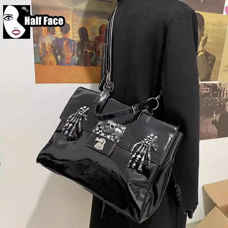 Y2K Girls Harajuku Women's Gothic Punk One Shoulder Design Lolita Large Capacity Lacquer Leather Hand Bone Crossbody Bags Tote