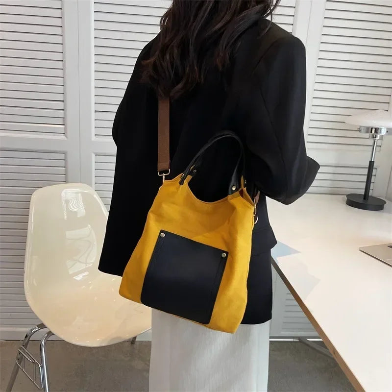 Women's Retro Contrasting Colors Large Capacity Canvas Bucket Bag PU Urban Simplicity One Shoulder Crossbody Hand Bags for Women