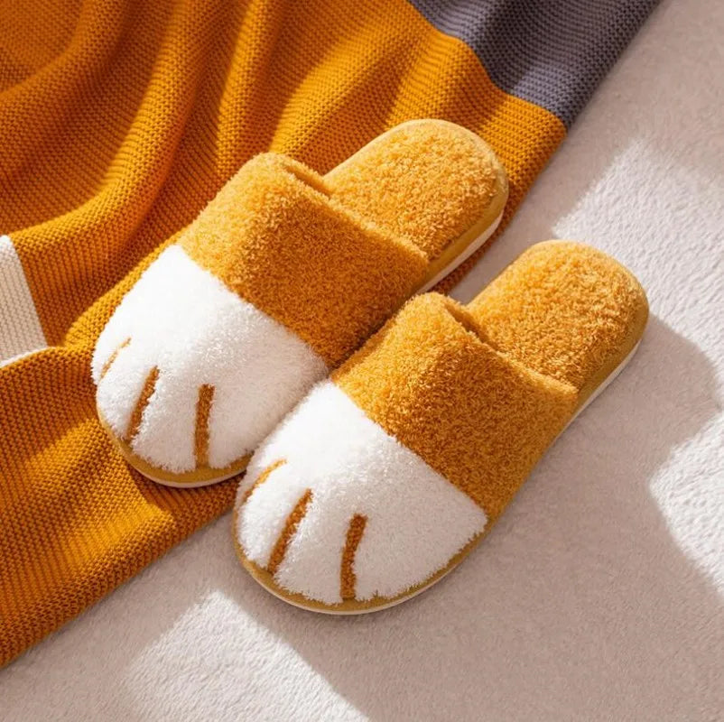 New Winter Warm Plush Slippers Cute Cat Paw Designer House Women Fur Slippers Floor Mute Bedroom Lovers Indoor Fluffy Shoes