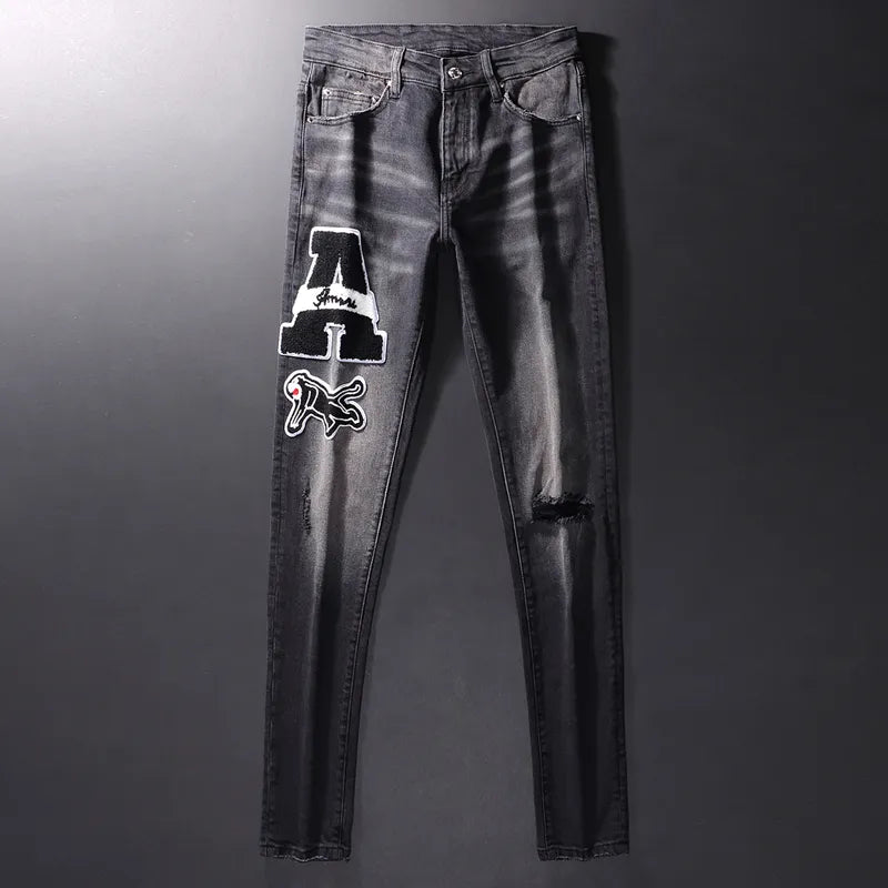 Streetwear Fashion Men Jeans Retro Black Gray Elastic Slim Fit Ripped Jeans Men Brand Patches Designer Hip Hop Denim Pants Homme