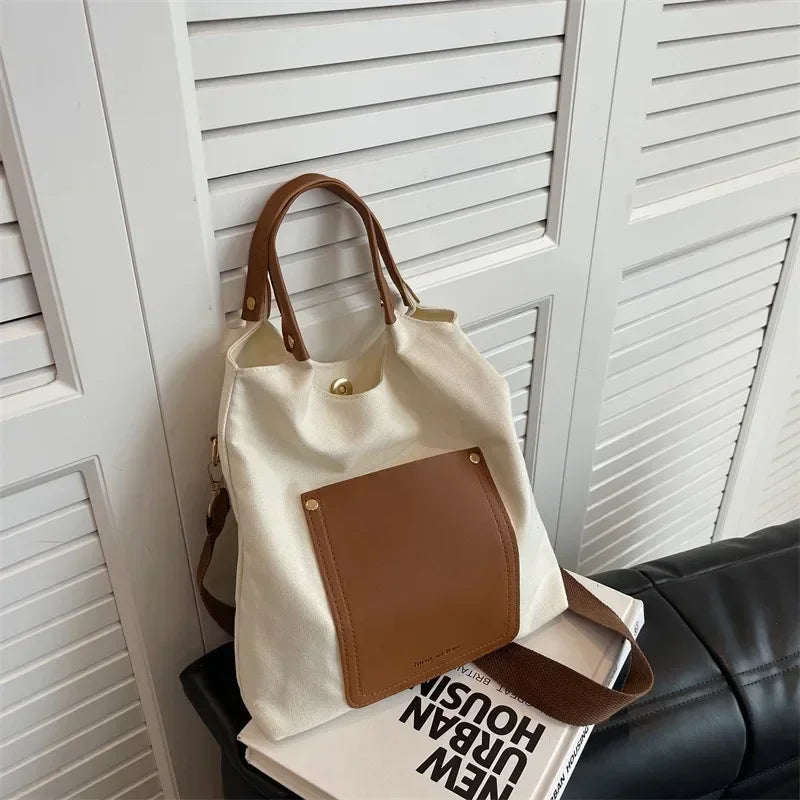 Women's Retro Contrasting Colors Large Capacity Canvas Bucket Bag PU Urban Simplicity One Shoulder Crossbody Hand Bags for Women