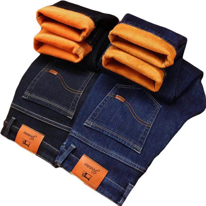 2022 Winter New Men's Warm Jeans Business Casual Elasticity Thick Slim Denim Pants Brand Trousers Black Plus Size 38 40
