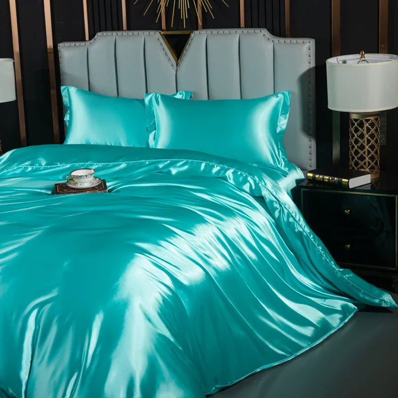 Solid Silk Bedding Set with Duvet Cover Fitted/Flat Bed Sheet Pillowcase Luxury Couple Bedsheet King Queen Double Twin Size