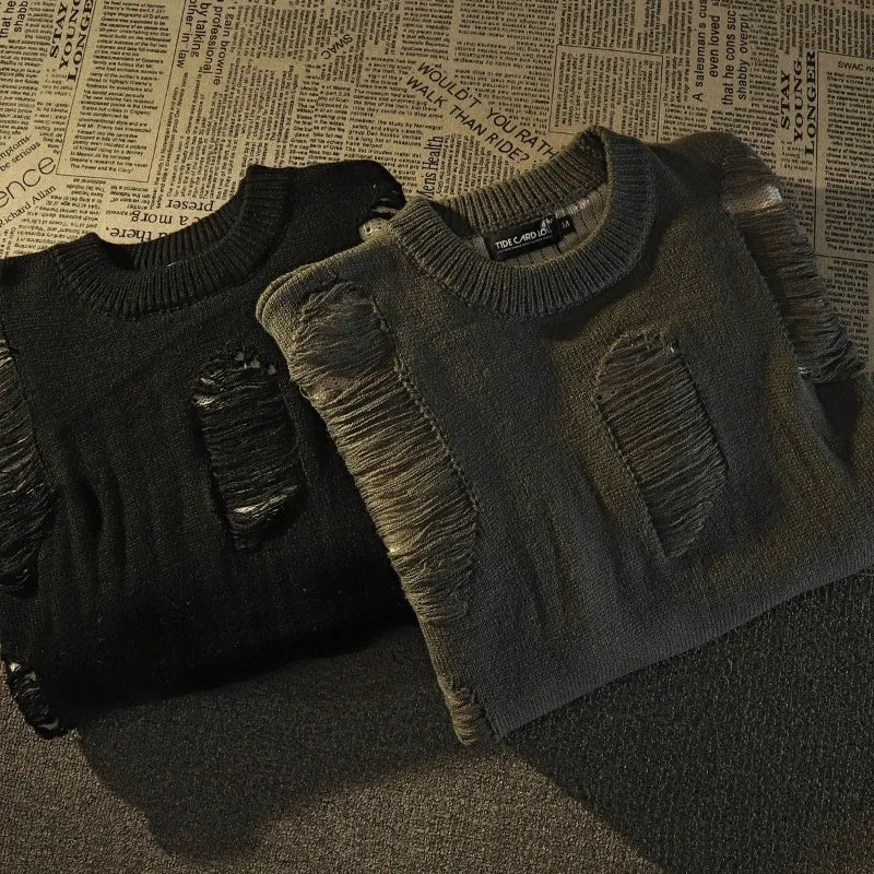 Casual Sweater Hole Fake Two Sweaters American New Retro For Men And Women Y2k Streetwear High Street Fashion Punk Style Loose