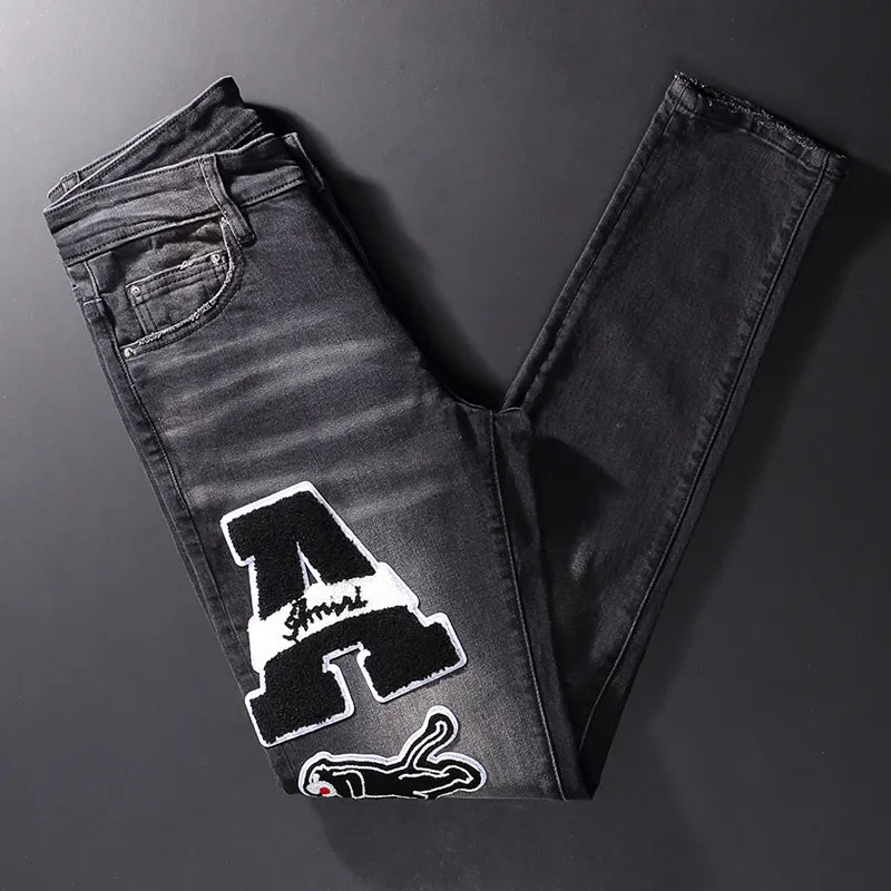 Streetwear Fashion Men Jeans Retro Black Gray Elastic Slim Fit Ripped Jeans Men Brand Patches Designer Hip Hop Denim Pants Homme