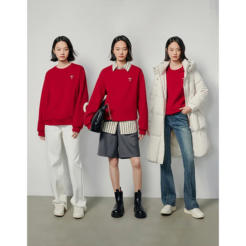 Toyouth Women Fleece Sweatshirt 2024 Autumn Long Sleeve O Neck Loose Hoodies Exquisite Embroidery Casual Chic Red Clothes Tops