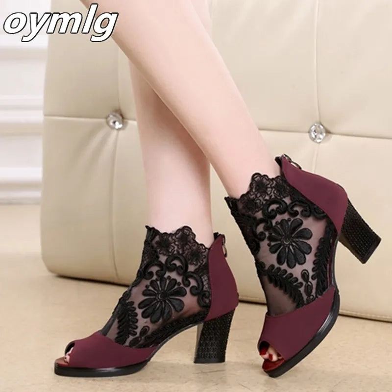 Women's Shoes Spring Summer Fashion Mesh high heel sandals Fish mouth High Heels Mid-Calf Shoe Plus Size