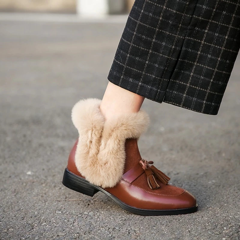 2020 winter women's ankle boots round toe low heel short plush warm women boots bowknot genuine leather women's shoes