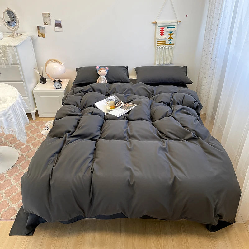 Black Bedding Set Soft Bed Linen Set Washed Cotton Duvet Cover Pillowcase and Bedsheet постельное бельё набор Home Bedclothes