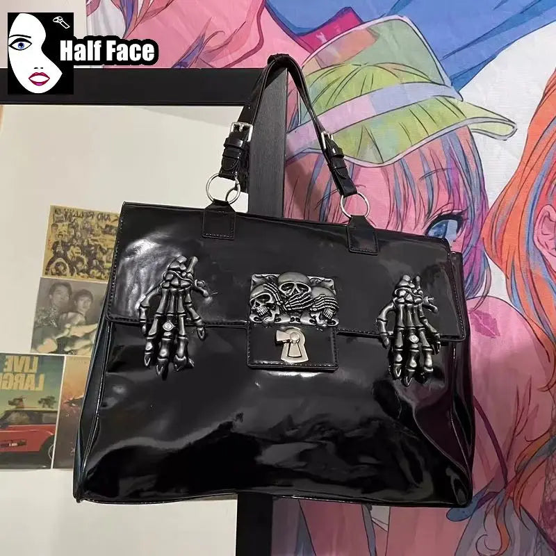 Y2K Girls Harajuku Women's Gothic Punk One Shoulder Design Lolita Large Capacity Lacquer Leather Hand Bone Crossbody Bags Tote