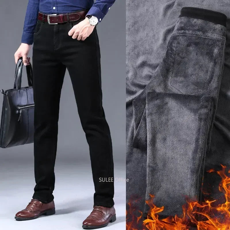 2023 Winter Men Black Blue Straight Stretch Denim Thick Velvet Pants Warm Jeans Casual Fleece Line Trousers Male Plus Size