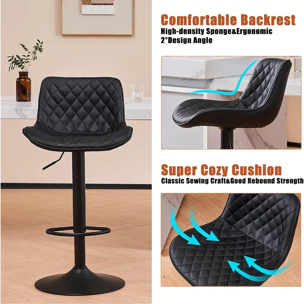 Black Bar Stools Counter Height Adjustable Bar Stool Set of 2 Faux Leather Padded Barstools Swivel Metal High Back Diamond Bar