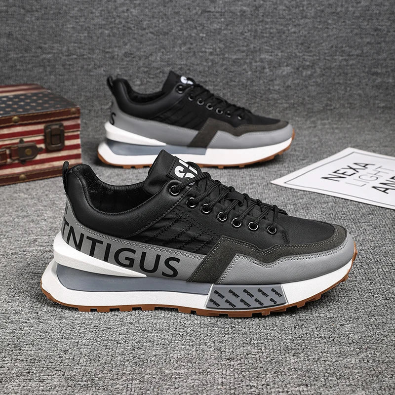Chunky Sneakers Men Women Retro Running Shoes Fashion Casual Genuine Leather Fabric Breathable Height Increased Platform Shoes