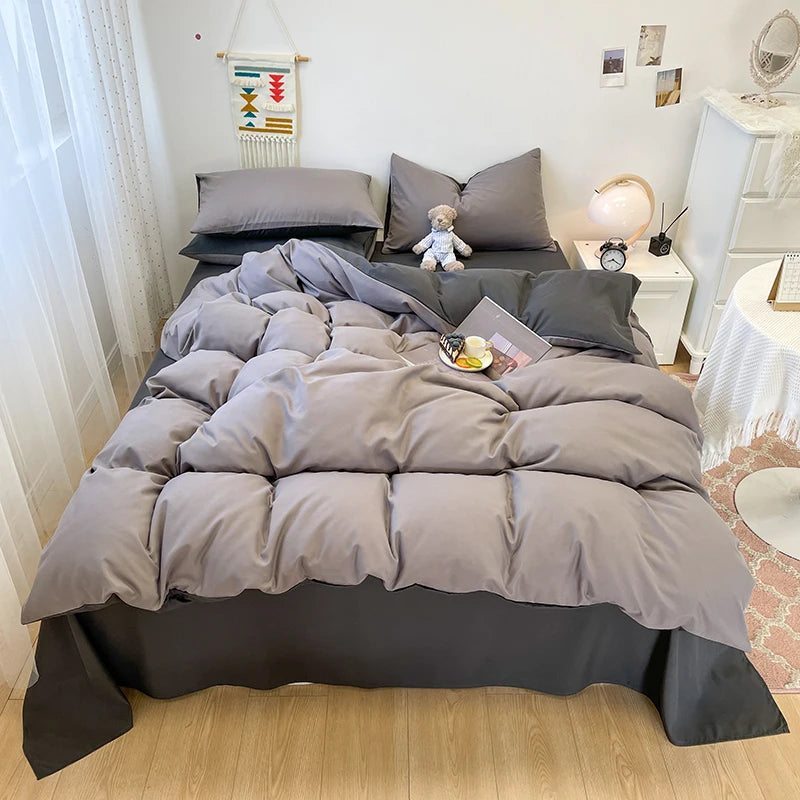 Black Bedding Set Soft Bed Linen Set Washed Cotton Duvet Cover Pillowcase and Bedsheet постельное бельё набор Home Bedclothes