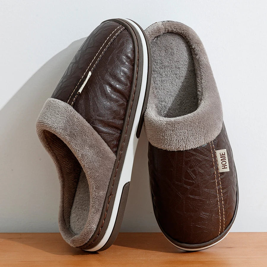 Big Size Men's slippers Winter Indoor Waterproof PU Leather Large Sizes Home Cotton shoes Fur Flat Cotton Bedroom Houseshoes