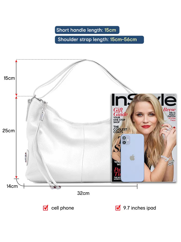 Zency 100% Genuine Leather Large Women Shoulder Bag Tote Adjustable Wide Strap White Handbag Purse Messenger Designer Bag 2023