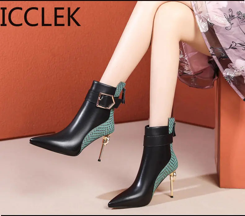 Winter Black Soft Leather Women's Boots Retro Belt Buckle Pointed Toe Boots Side Zipper High Heels Shoes for Women Party