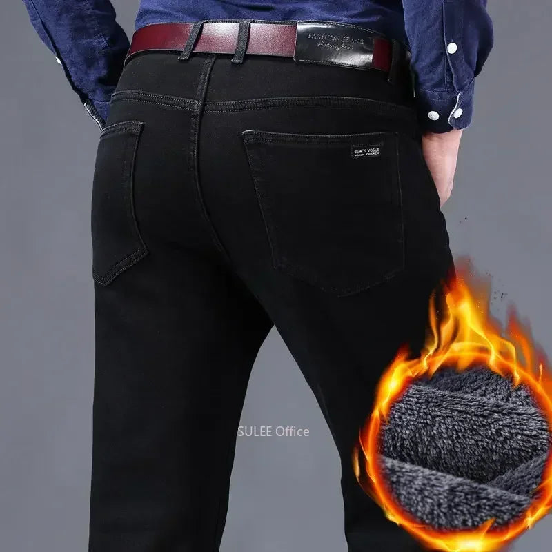 2023 Winter Men Black Blue Straight Stretch Denim Thick Velvet Pants Warm Jeans Casual Fleece Line Trousers Male Plus Size