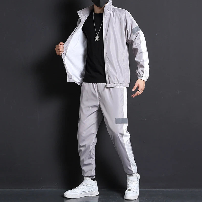 2023 Men Fashion Tracksuit Spring Autumn Reflective Sweatshirt +Sweatpants Tracksuit Set Men New Patchwork Slim Fit Sweat Suits