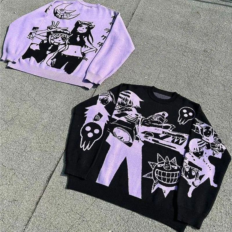 Y2K sweaters Harajuku pullover women Men winter American knitwear Jacquard anime pattern oversized sweater streetwear lovers top