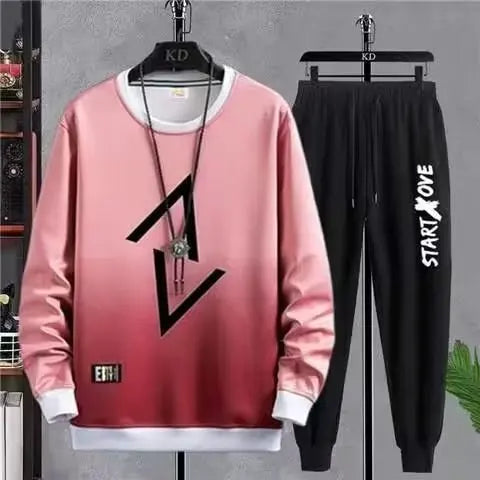 Spring Autumn Men's Sets Hip Hop Long sleeve Print T Shirts+Solid color jogger Casual Pants Fashion 2 for Sets Men Clothing Sets