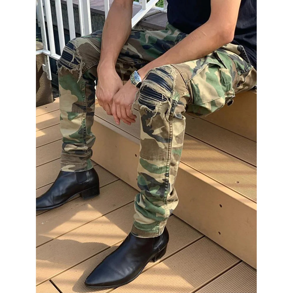 Sokotoo Men's camouflage printed patchwork military biker jeans for moto Slim fit straight army green pockets cargo denim pants