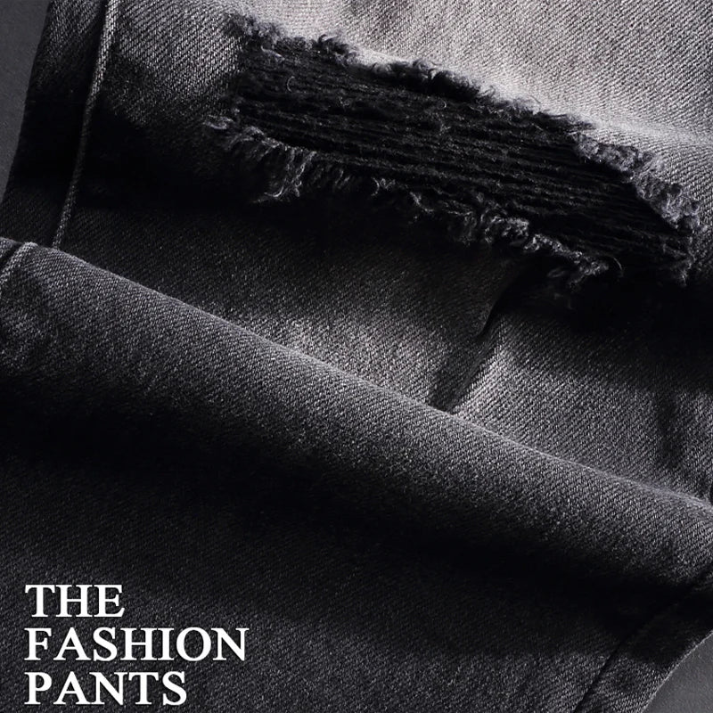 Streetwear Fashion Men Jeans Retro Black Gray Elastic Slim Fit Ripped Jeans Men Brand Patches Designer Hip Hop Denim Pants Homme