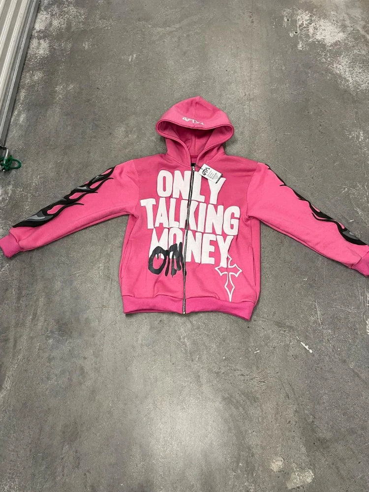 2023 Y2K Flame Hip Hop Hoodies Women Letters Print Hooded Zipper Sweatshirt Retro High Street Loose Autumn Harajuku Sweatwear