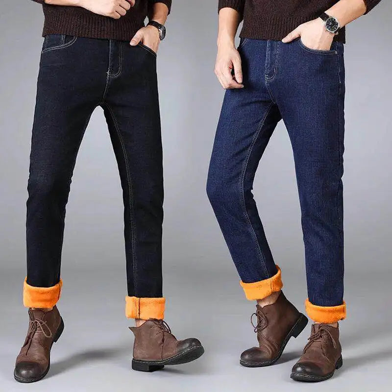2022 Winter New Men's Warm Jeans Business Casual Elasticity Thick Slim Denim Pants Brand Trousers Black Plus Size 38 40