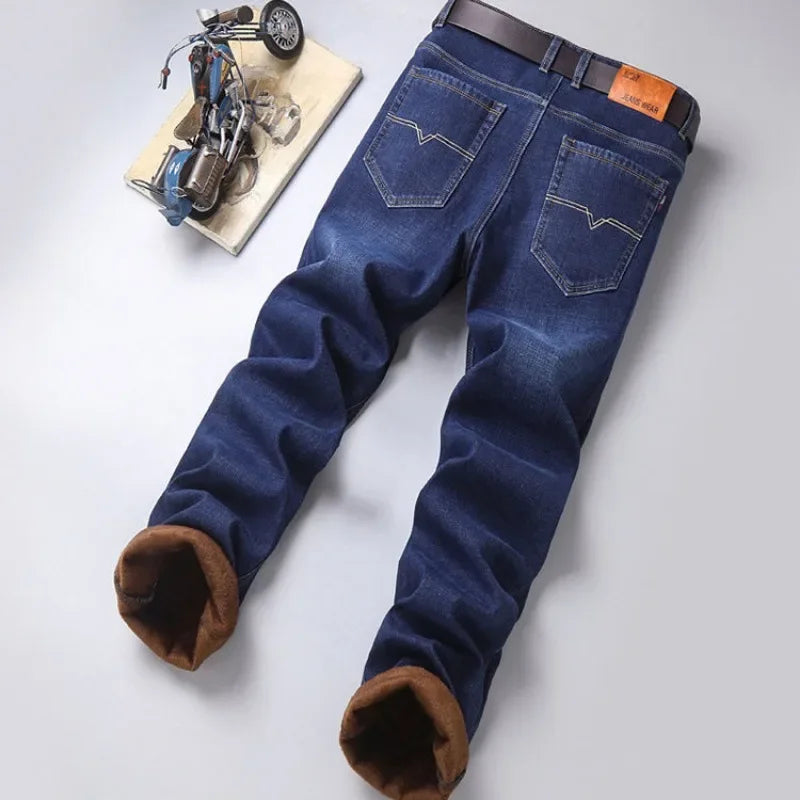 Winter Warm Jeans for Men Thicken Loose Baggy Jeans Pants Black Blue Casual Trousers Men's Clothing