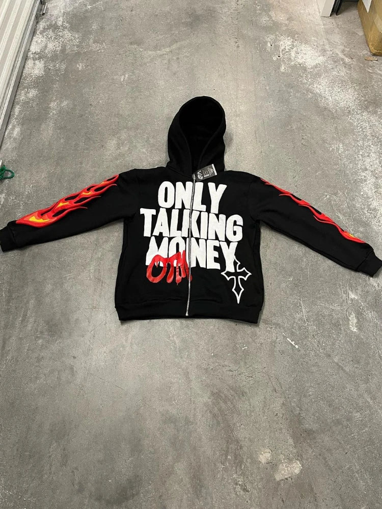 2023 Y2K Flame Hip Hop Hoodies Women Letters Print Hooded Zipper Sweatshirt Retro High Street Loose Autumn Harajuku Sweatwear