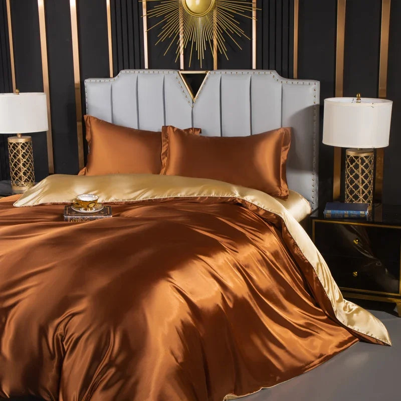 Solid Silk Bedding Set with Duvet Cover Fitted/Flat Bed Sheet Pillowcase Luxury Couple Bedsheet King Queen Double Twin Size