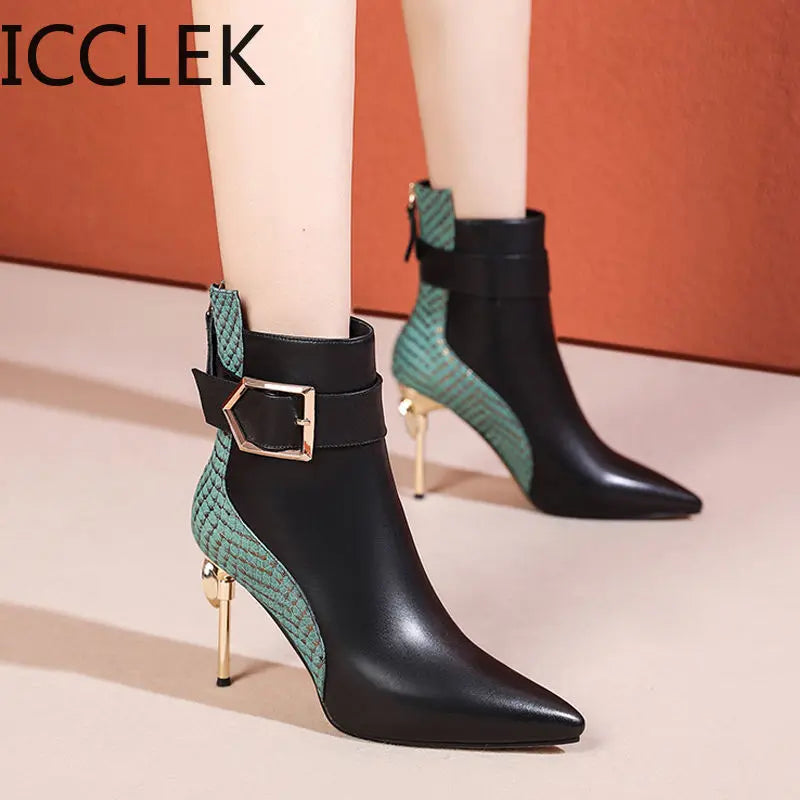 Winter Black Soft Leather Women's Boots Retro Belt Buckle Pointed Toe Boots Side Zipper High Heels Shoes for Women Party