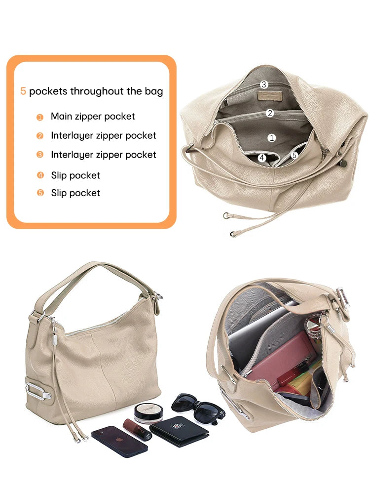 Zency 100% Genuine Leather Large Women Shoulder Bag Tote Adjustable Wide Strap White Handbag Purse Messenger Designer Bag 2023