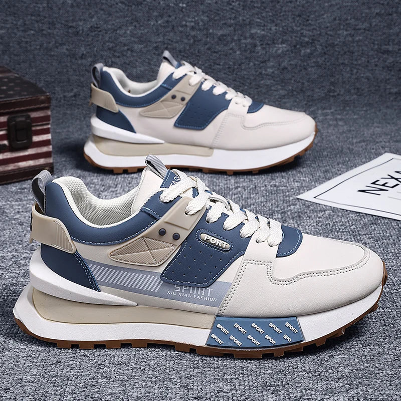 Chunky Sneakers Men Women Retro Running Shoes Fashion Casual Genuine Leather Fabric Breathable Height Increased Platform Shoes