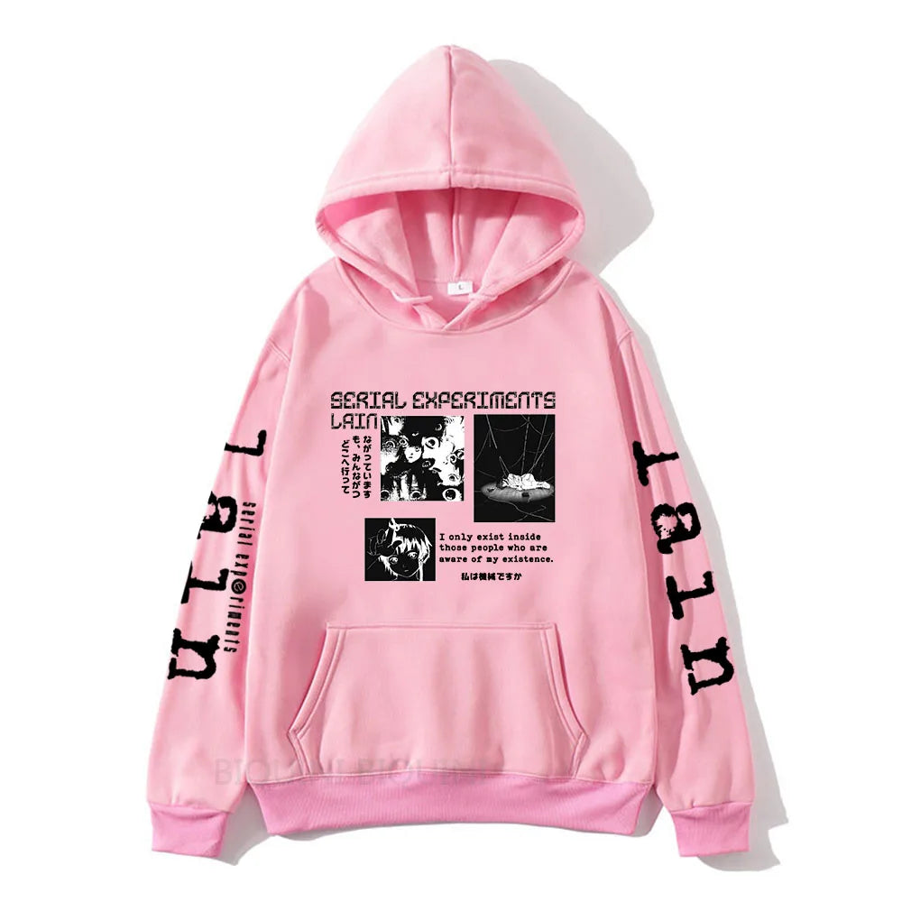 Serial Experiments Lain Hoodies Mens Long Sleeve Sweatshirts Japan Anime Graphic Printed Pullovers Manga Cartoon Gothic Hoodies