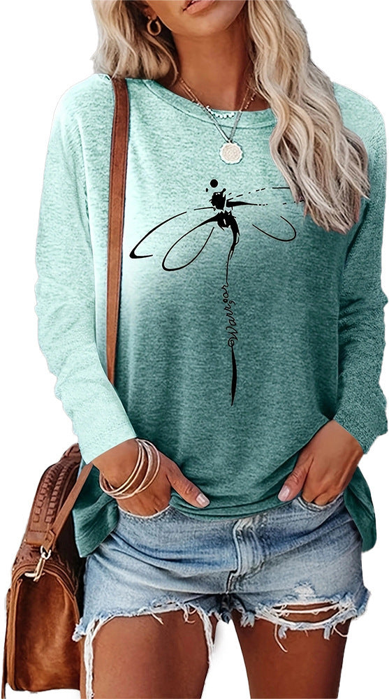 Dragonfly Pattern Round Neck Long Sleeve Women's T-shirt Tops