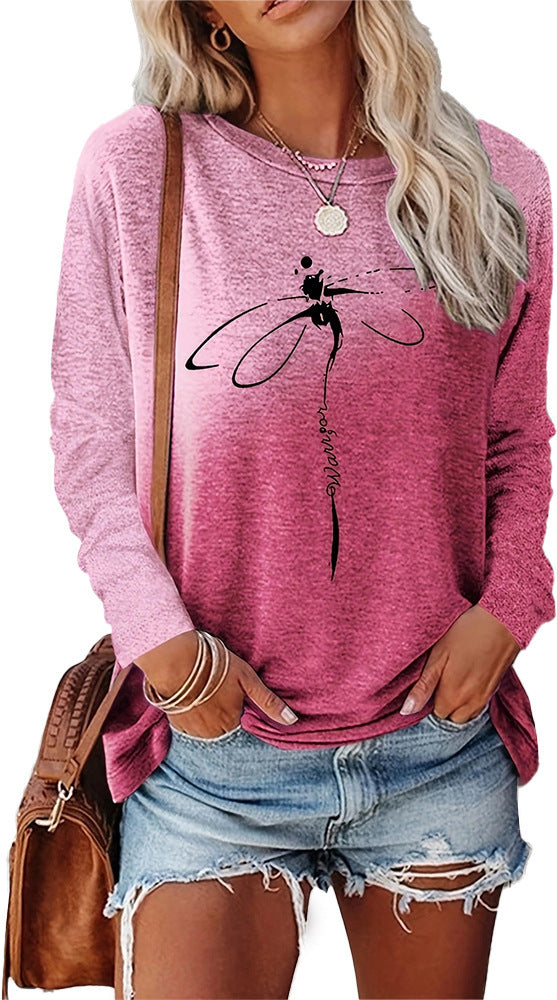 Dragonfly Pattern Round Neck Long Sleeve Women's T-shirt Tops