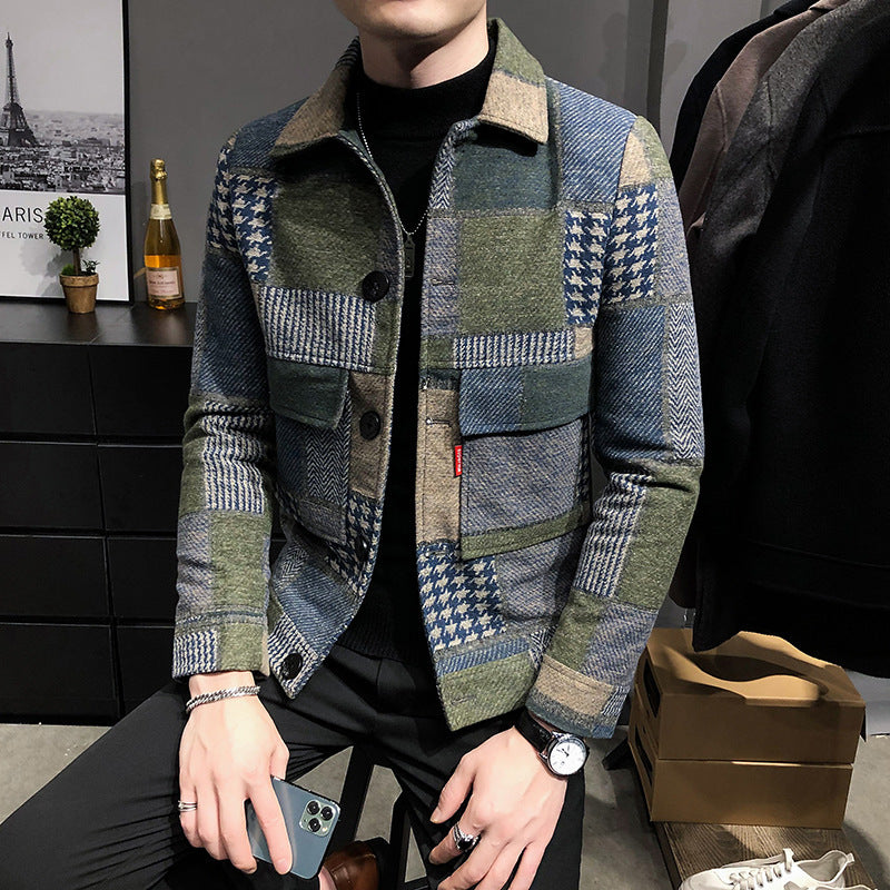 New men's spliced woolen check slim jacket