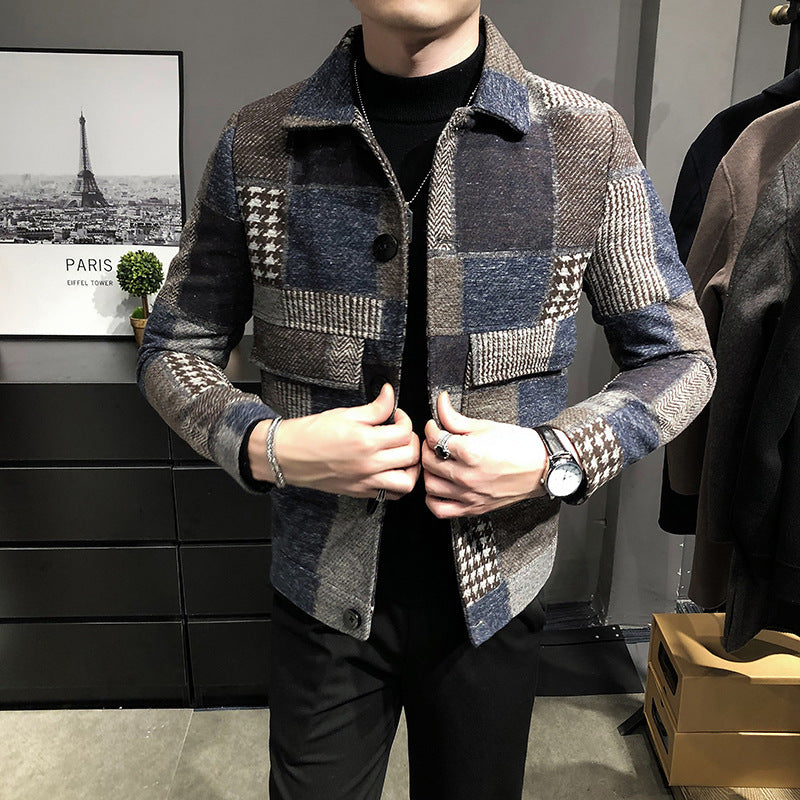 New men's spliced woolen check slim jacket
