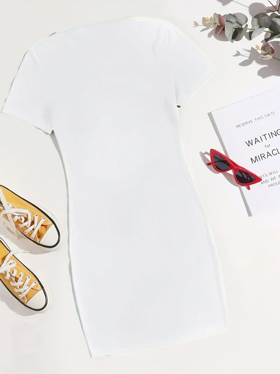 Ladies' Round Neck Solid Color Letter Printed Fashionable Dress