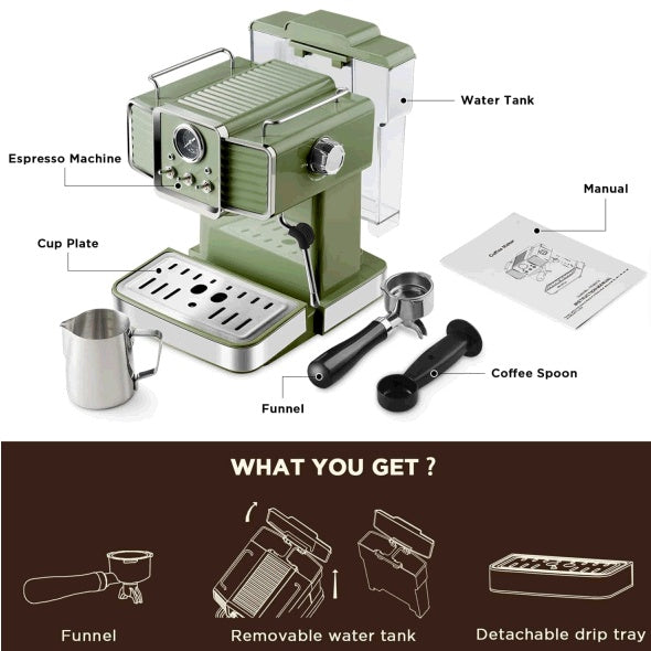 15 Bar Espresso Coffee Machine With Milk Frother Steam Wand, 1350W Professional Coffee Maker, 54 Oz Removable Water Tank Espresso Maker Cappuccino, Latte, Machiato, Green, For Home Barista