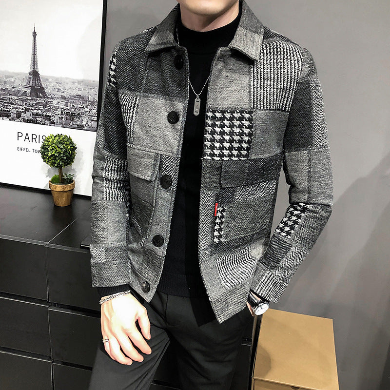 New men's spliced woolen check slim jacket