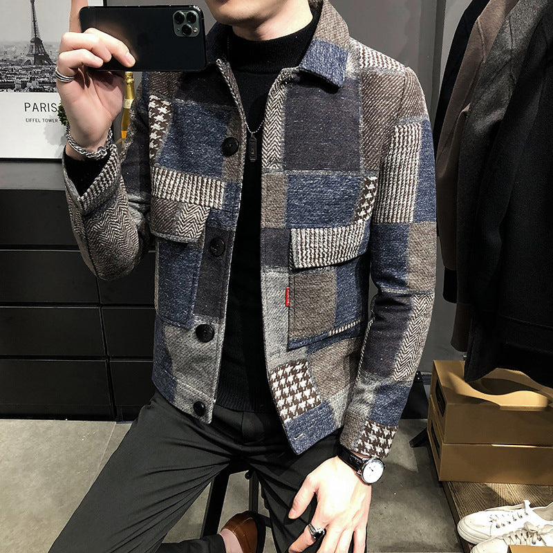 New men's spliced woolen check slim jacket