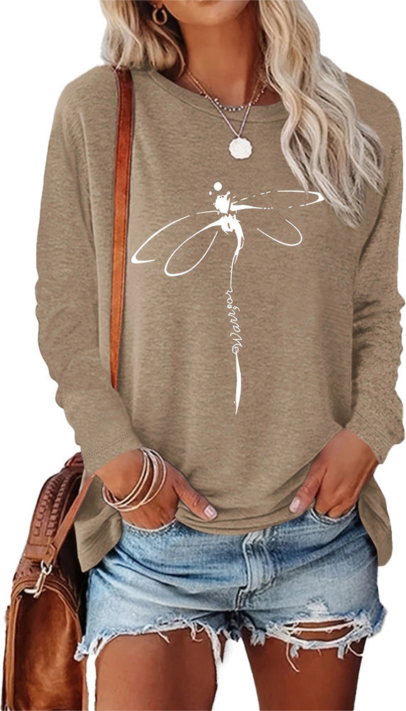 Dragonfly Pattern Round Neck Long Sleeve Women's T-shirt Tops