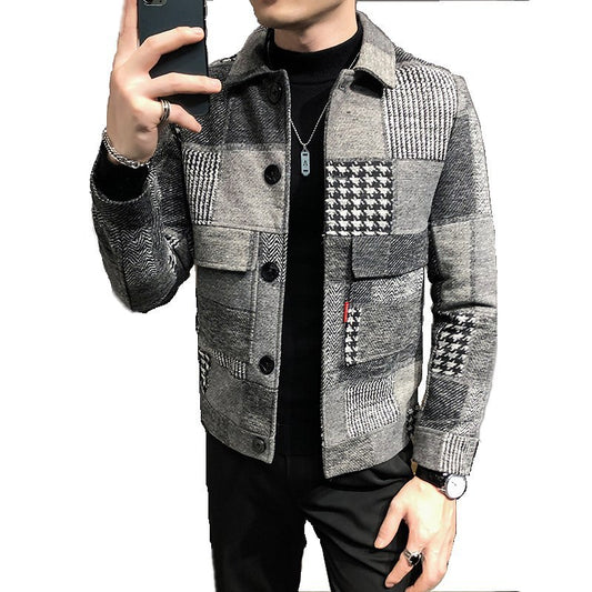 New men's spliced woolen check slim jacket