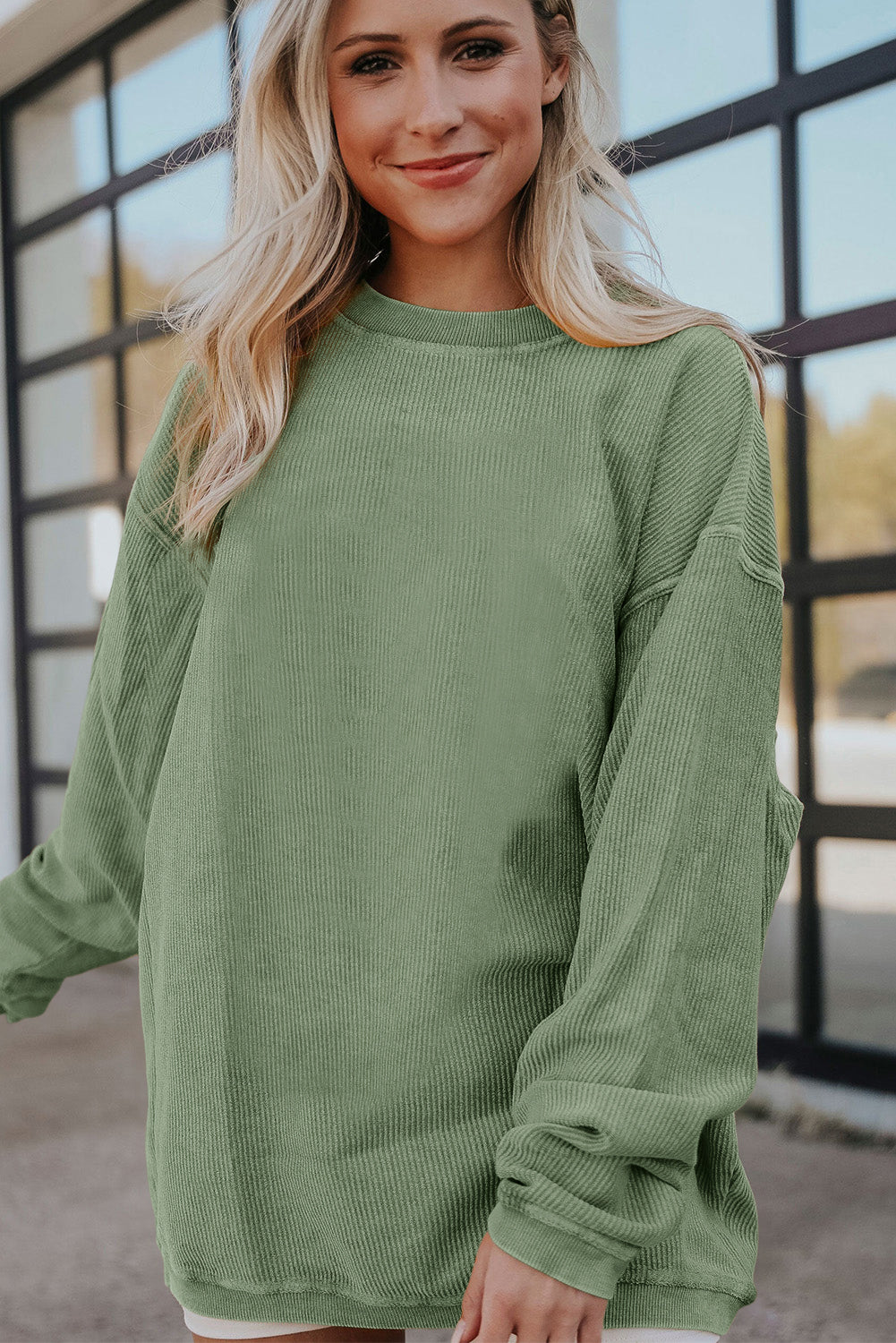 Green Ribbed Corded Oversized Sweatshirt